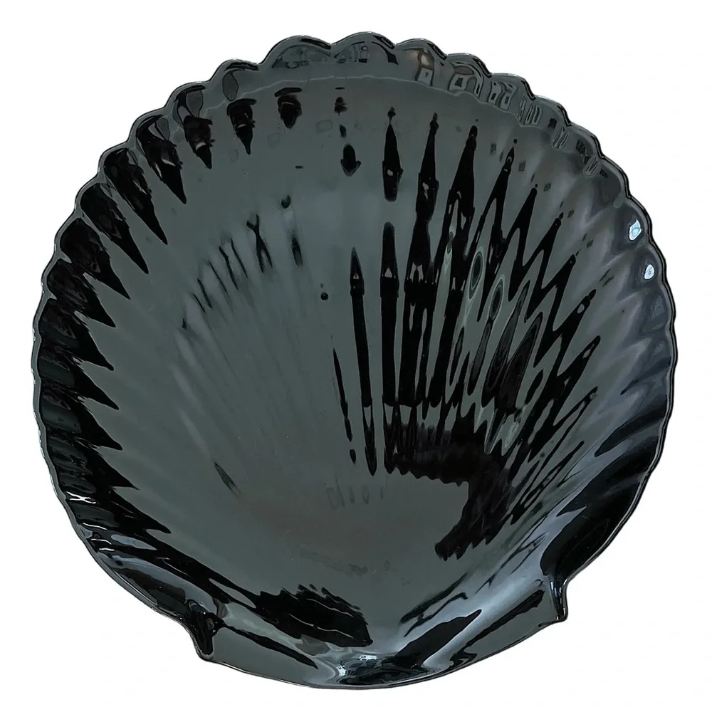 80s French Black Glass Clam Shell Serving Platter Nautilus Coastal